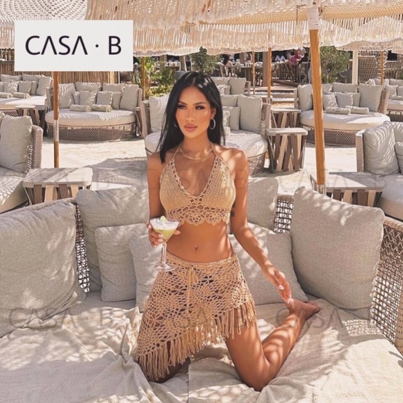NEW!💫CASA B|AMAYA Nude Bohemian Crochet Skirt & Halter Set in Warm Sands Beige - Picture 1 of 5